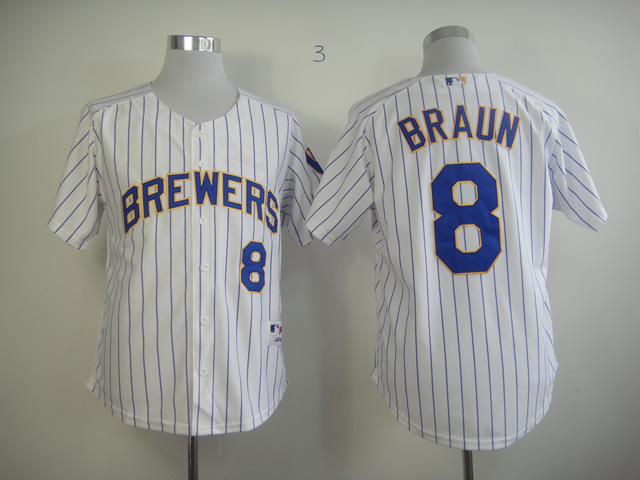 Men Milwaukee Brewers #8 Braun White Stripe MLB Jerseys